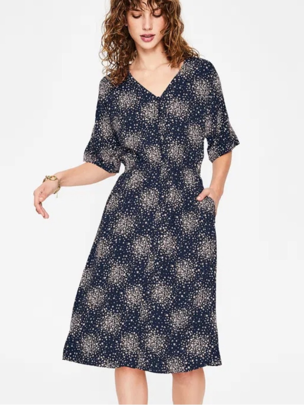 Boden Starburst Floral Print Short Sleeve Summer Dress Button Front Celestial 14